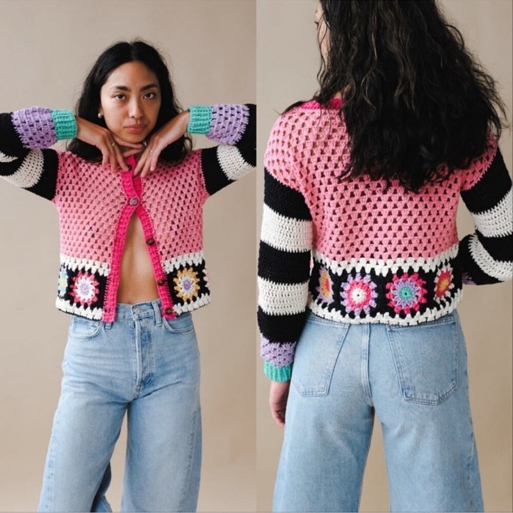Tach Melody Crochet Colorful Striped Multi Cardigan Pink‎ Black M